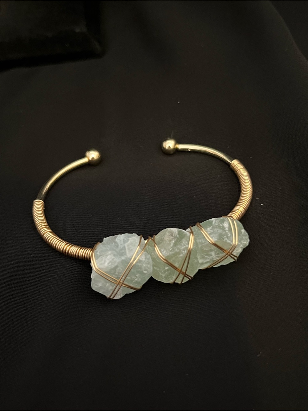 Gold Wire-Wrapped Green Flourite Raw Crystal Cuff Bracelet